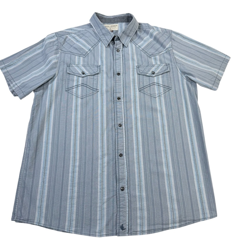Cody James Western Shirt Mens 2XL Blue Striped Excellent Short Sleeve Snap Front